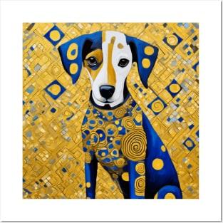 Gustav Klimt Style Dog with Blue and Gold Geometric Patterns Posters and Art